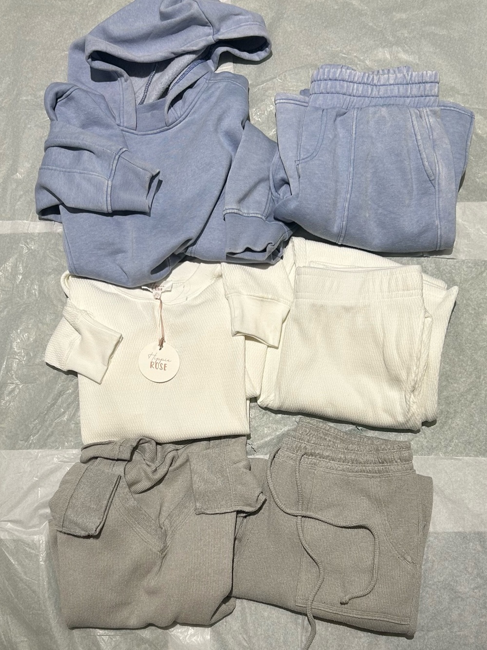 Bundle Of 3 Jogger Sets Light Blue Hooded, White & Gray Waffle Knit M / L